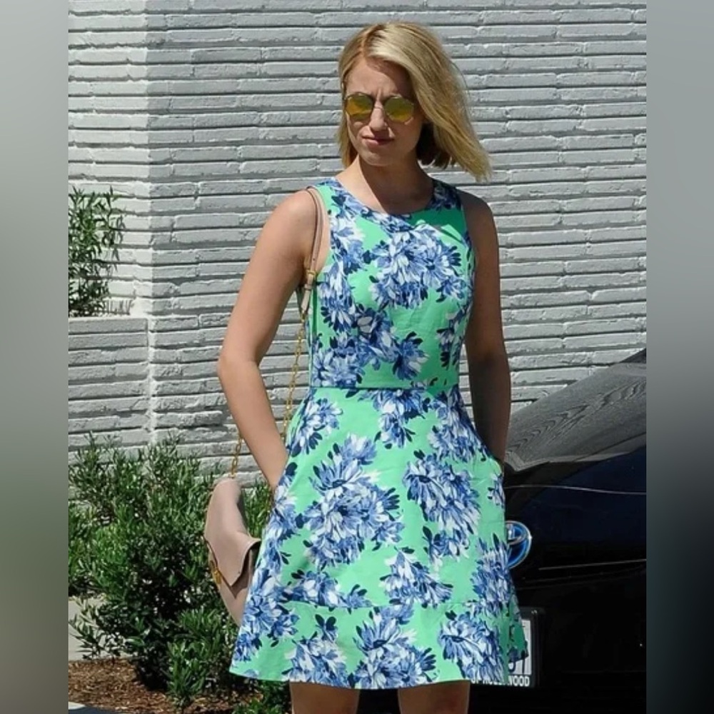 J. Crew Green Floral Mini Dress with Blue Print